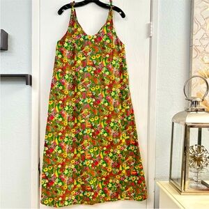 BURU Floral Cotton Shoulder Ties Scalloped Sleeveless Maxi Dress Sz Small